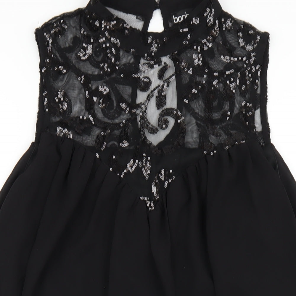 Boohoo Womens Black Polyester Trapeze & Swing Size 10 Round Neck Button - Sequin Mesh Neck