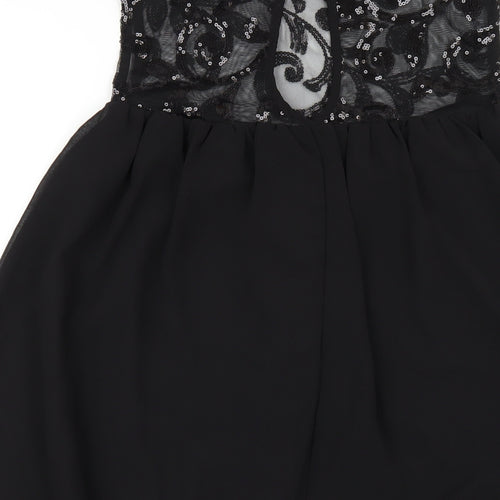 Boohoo Womens Black Polyester Trapeze & Swing Size 10 Round Neck Button - Sequin Mesh Neck