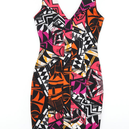Lipsy Womens Multicoloured Geometric Polyester Bodycon Size 6 V-Neck Zip