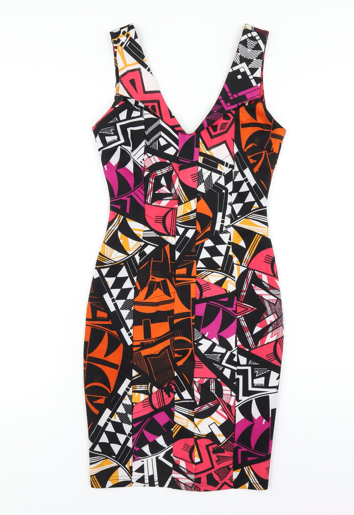 Lipsy Womens Multicoloured Geometric Polyester Bodycon Size 6 V-Neck Zip