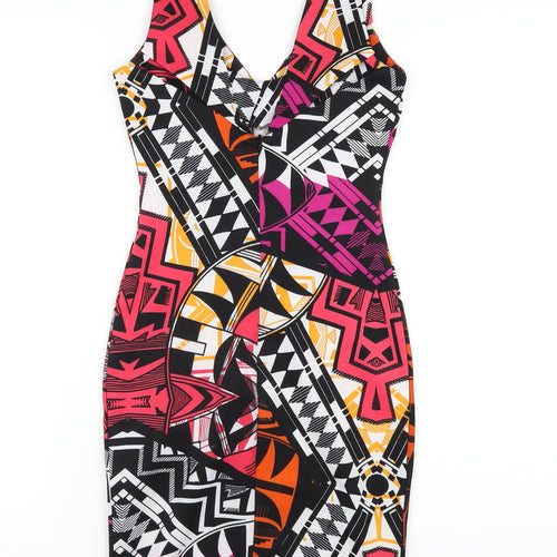 Lipsy Womens Multicoloured Geometric Polyester Bodycon Size 6 V-Neck Zip