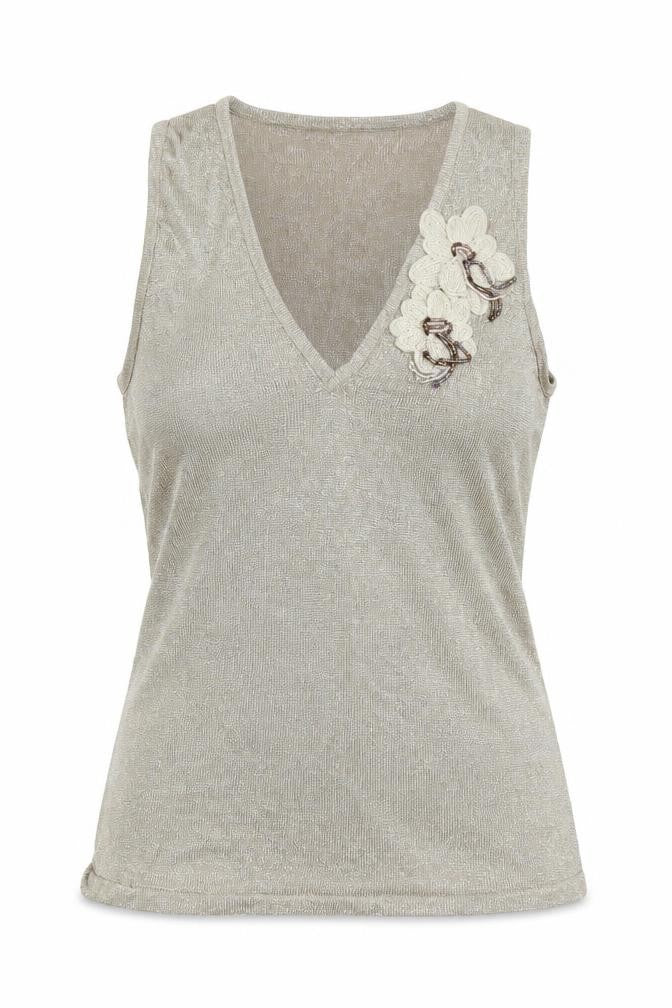 Front view of Marks & Spencer women’s gold viscose basic tank, size UK 12, v-neck