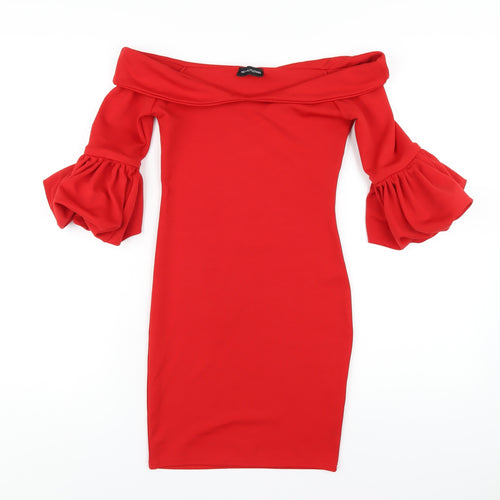 PRETTYLITTLETHING Womens Red Polyester Bodycon Size 6 Off the Shoulder Pullover
