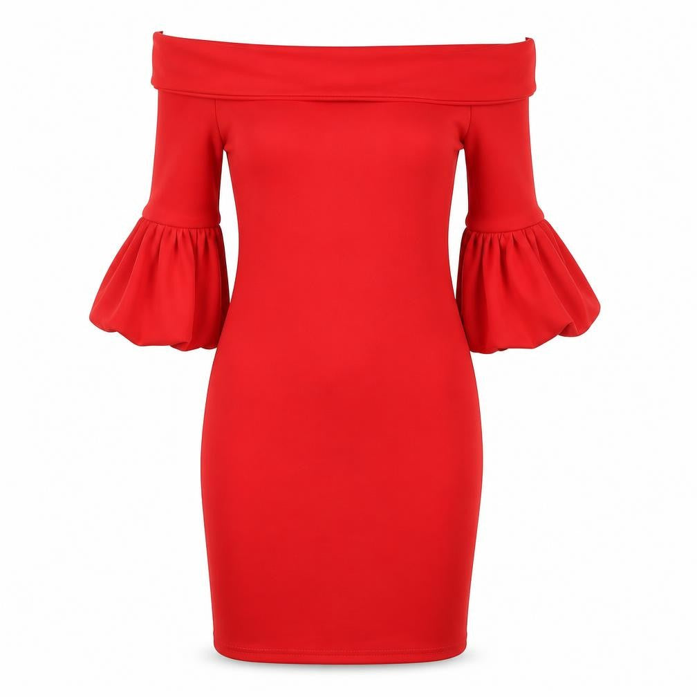 Front view of PRETTYLITTLETHING women’s red polyester bodycon, size UK 6, off the shoulder pullover