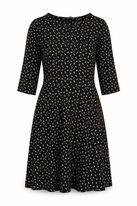 Front view of Dorothy Perkins women’s black floral cotton a-line, size UK 12, round neck pullover