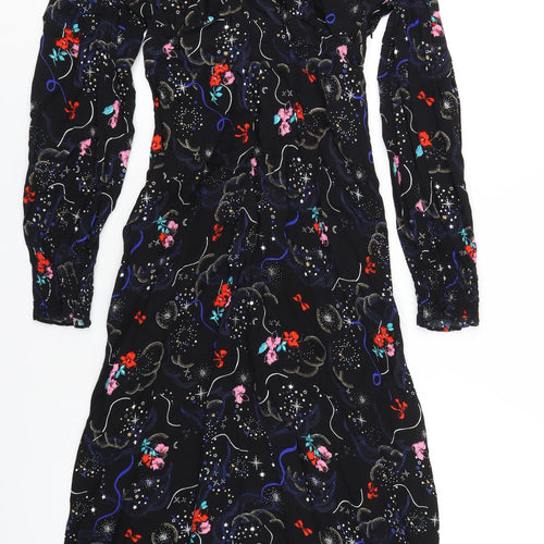 Marks and Spencer Womens Black Geometric Viscose A-Line Size 10 V-Neck Zip