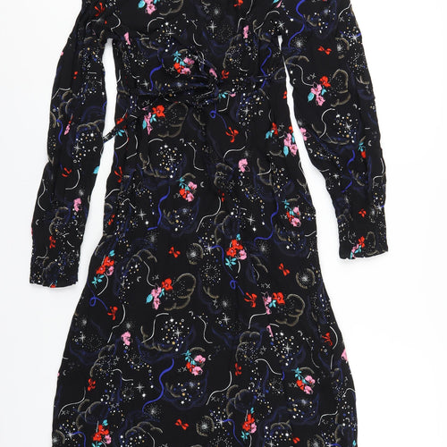 Marks and Spencer Womens Black Geometric Viscose A-Line Size 10 V-Neck Zip