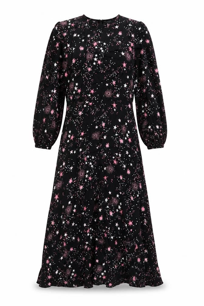 Marks and Spencer Womens Black Geometric Viscose A-Line Size 10 Round Neck Zip