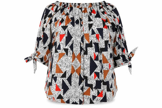 Front view of AX Paris women’s multicoloured geometric polyester a-line, size UK 22, off the shoulder pullover