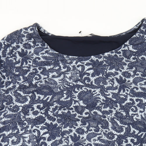 Marks and Spencer Womens Blue Geometric Viscose Basic T-Shirt Size 16 Round Neck