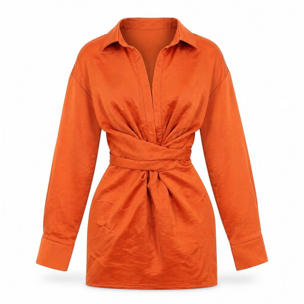 Front view of In the Style women’s orange polyester mini, size UK 10, v-neck zip
