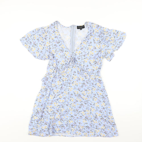 In the Style Womens Blue Floral Viscose A-Line Size 10 V-Neck Zip