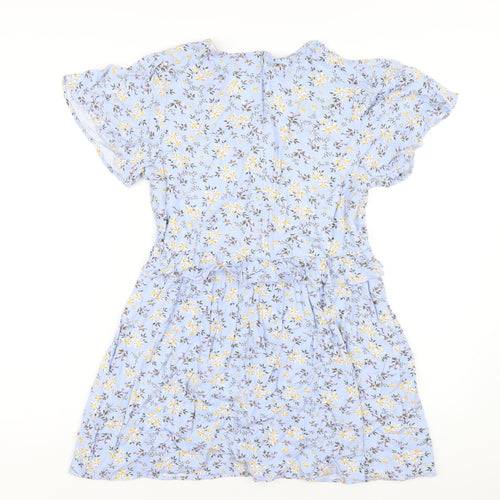 In the Style Womens Blue Floral Viscose A-Line Size 10 V-Neck Zip