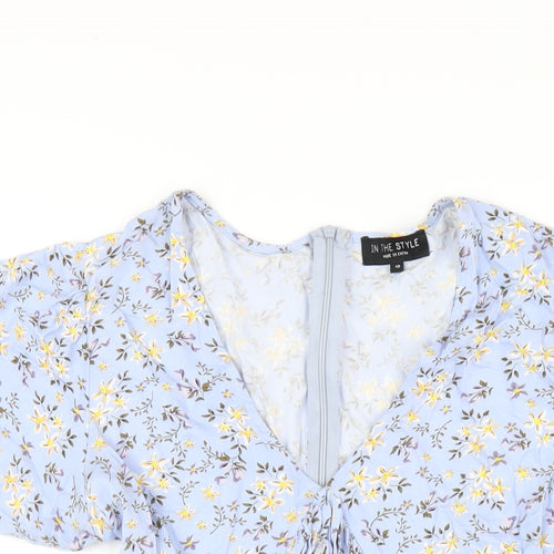 In the Style Womens Blue Floral Viscose A-Line Size 10 V-Neck Zip