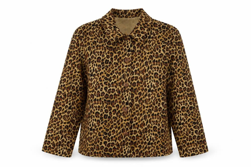 Front view of Briggs New York women’s brown animal print polyester basic button-up, size L, collared - leopard print