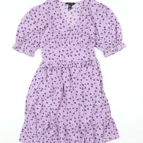 New Look Womens Purple Floral Polyester A-Line Size 6 V-Neck Zip