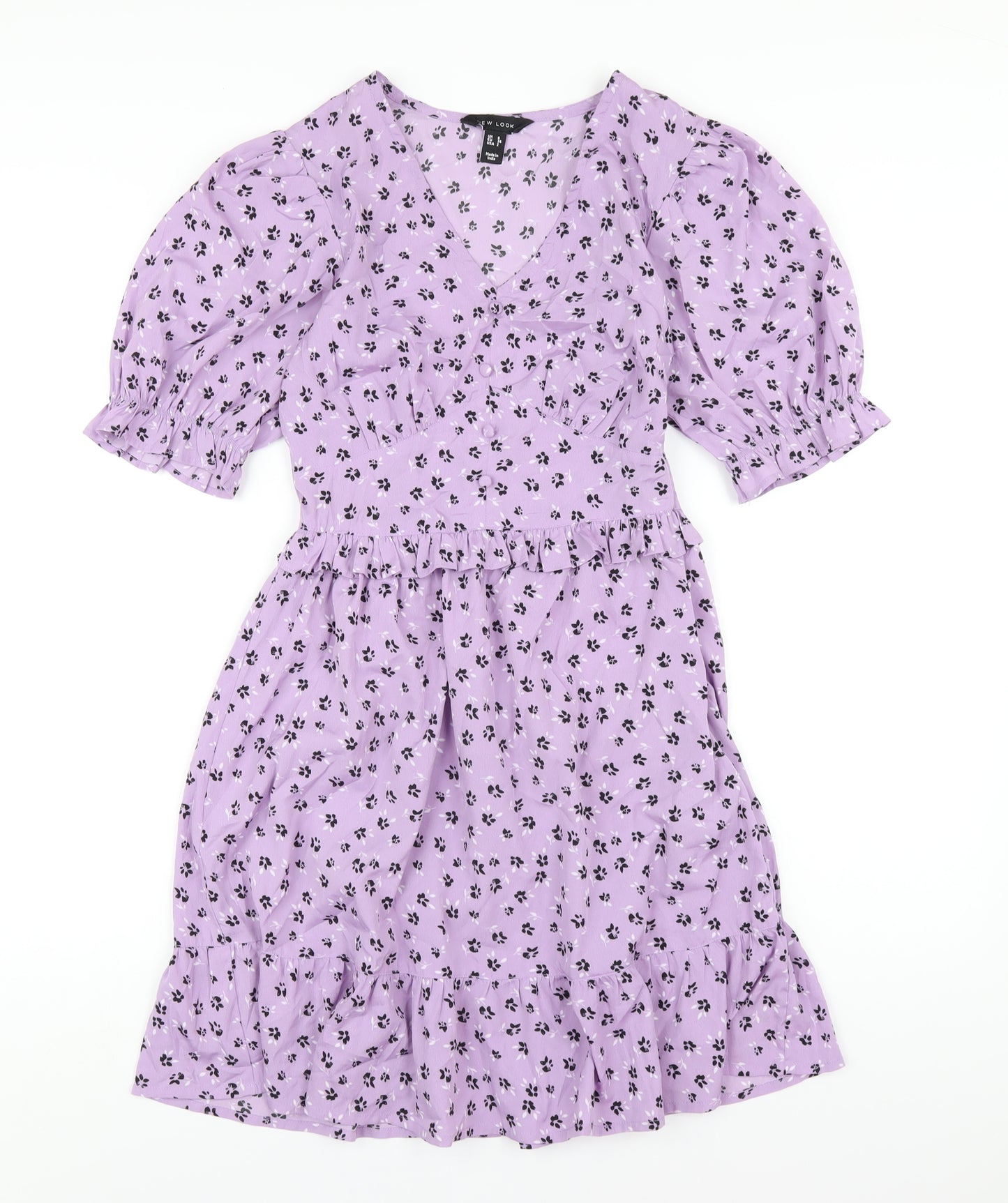 New Look Womens Purple Floral Polyester A-Line Size 6 V-Neck Zip