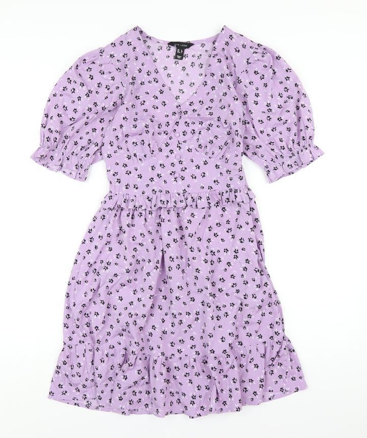 New Look Womens Purple Floral Polyester A-Line Size 6 V-Neck Zip