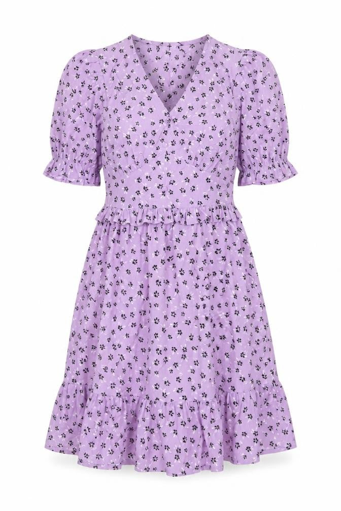 New Look Womens Purple Floral Polyester A-Line Size 6 V-Neck Zip