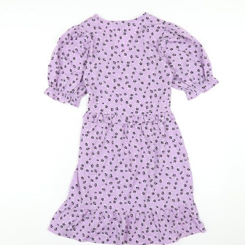 New Look Womens Purple Floral Polyester A-Line Size 6 V-Neck Zip