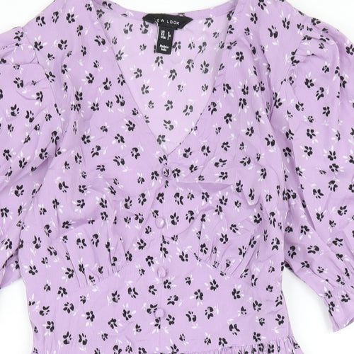 New Look Womens Purple Floral Polyester A-Line Size 6 V-Neck Zip