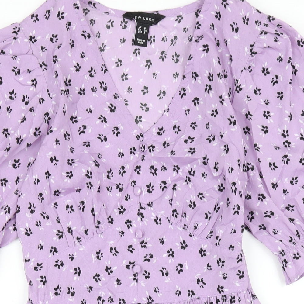 New Look Womens Purple Floral Polyester A-Line Size 6 V-Neck Zip