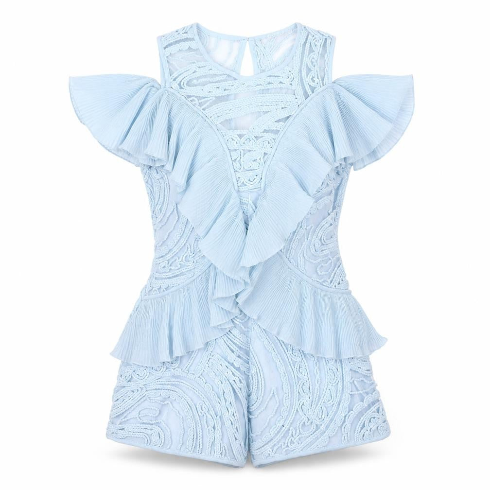 Front view of Allyson women’s blue polyester playsuit one-piece, size L, zip