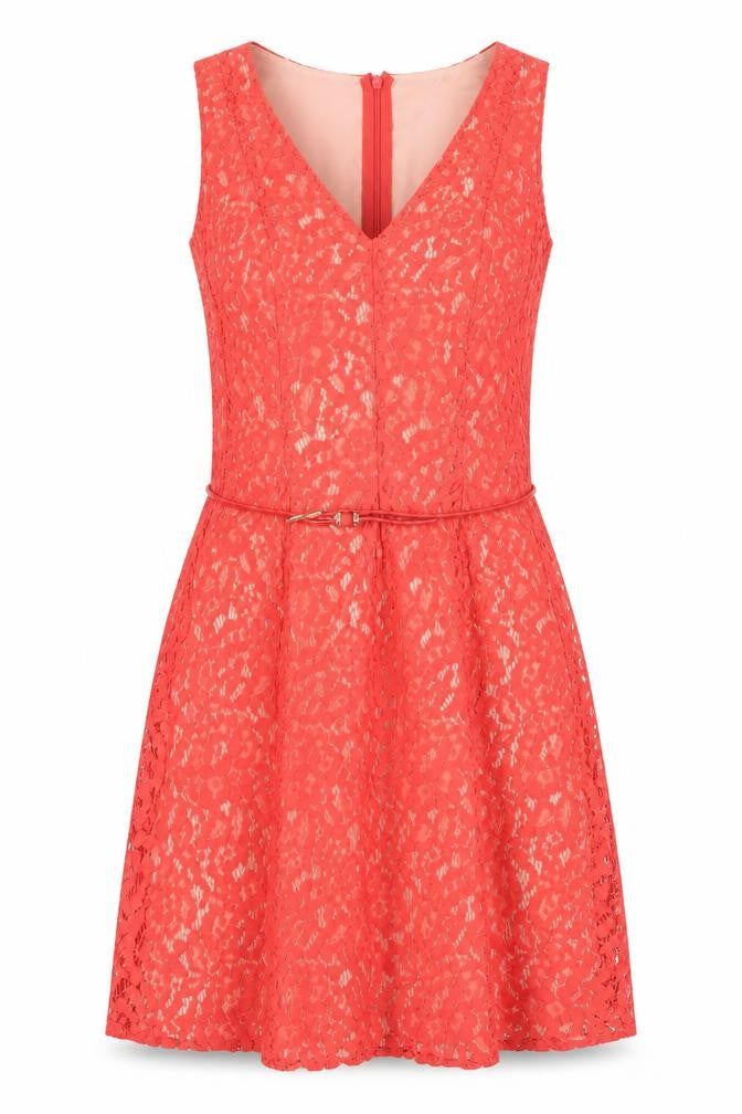 Front view of Oasis women’s red cotton a-line, size UK 10, v-neck zip