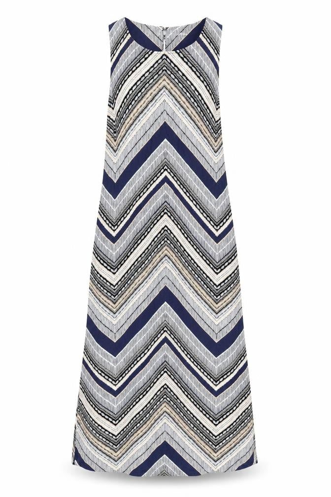 Front view of Dorothy Perkins women’s multicoloured chevron viscose a-line, size UK 8, round neck button