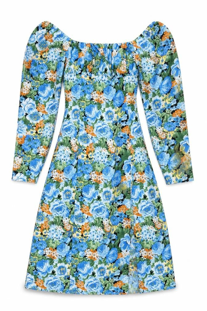 Front view of PRETTYLITTLETHING women’s multicoloured floral polyester a-line, size UK 8, square neck zip