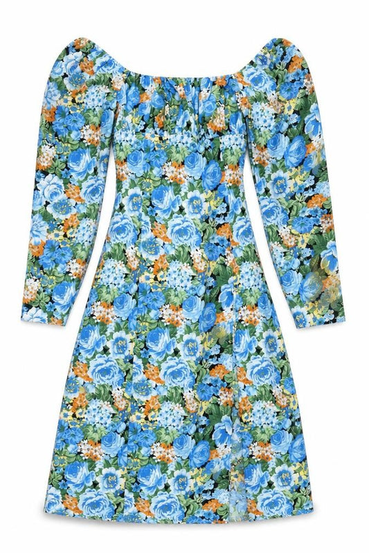 Front view of PRETTYLITTLETHING women’s multicoloured floral polyester a-line, size UK 8, square neck zip