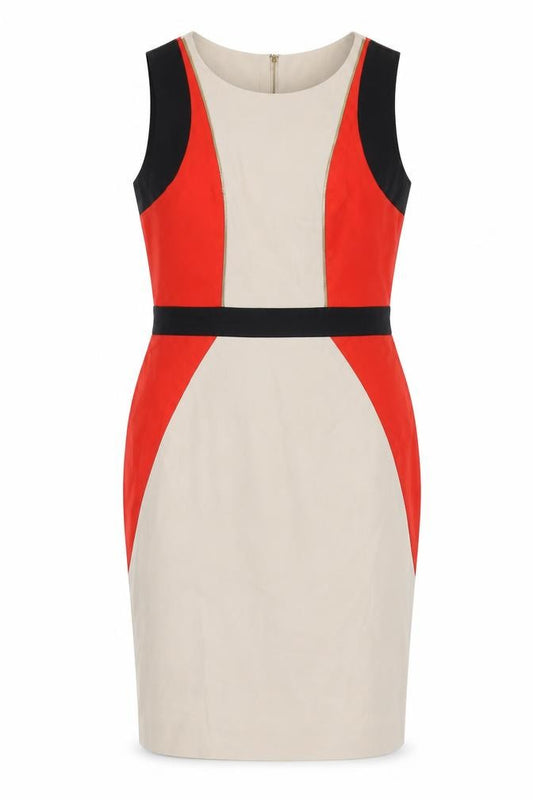 Front view of Episode women’s multicoloured cotton pencil dress, size UK 14, round neck zip