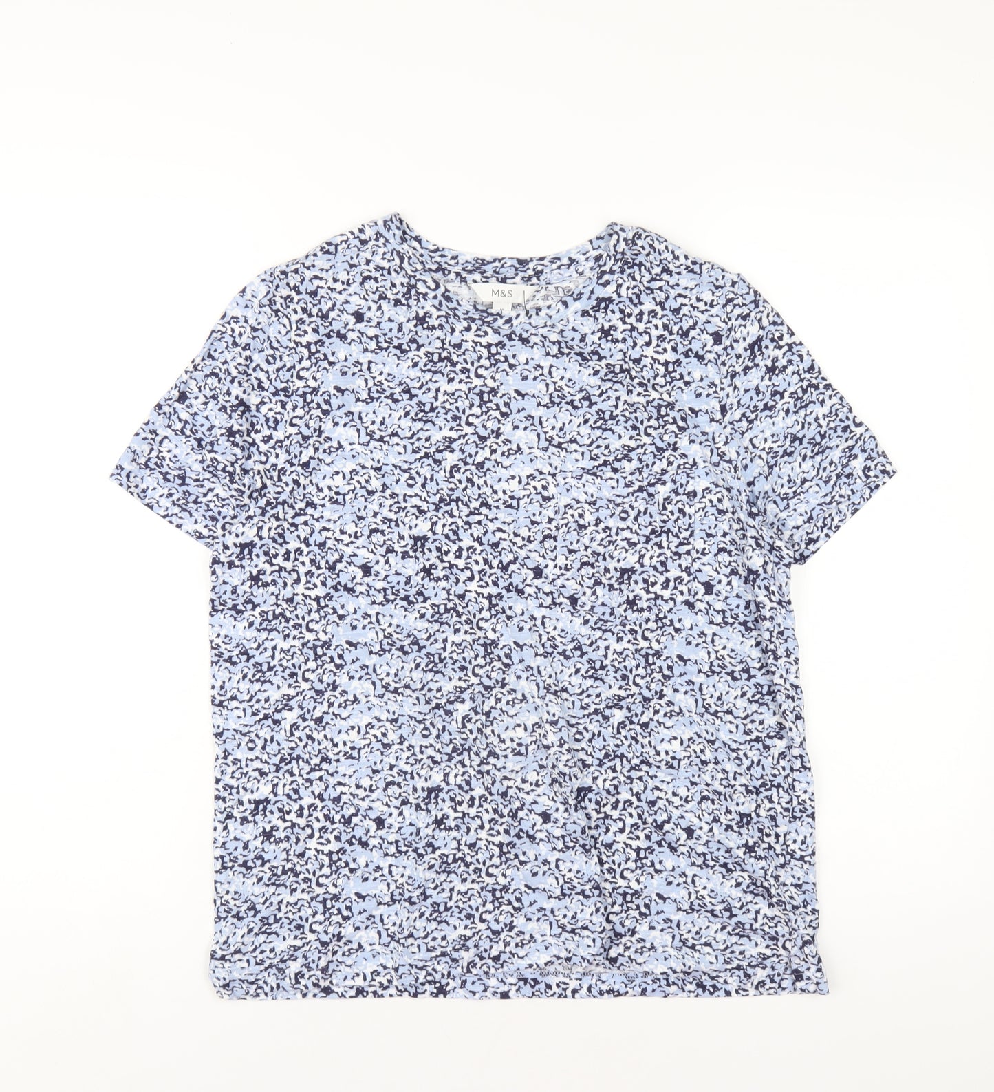 Marks and Spencer Womens Blue Geometric Cotton Basic T-Shirt Size 10 Round Neck