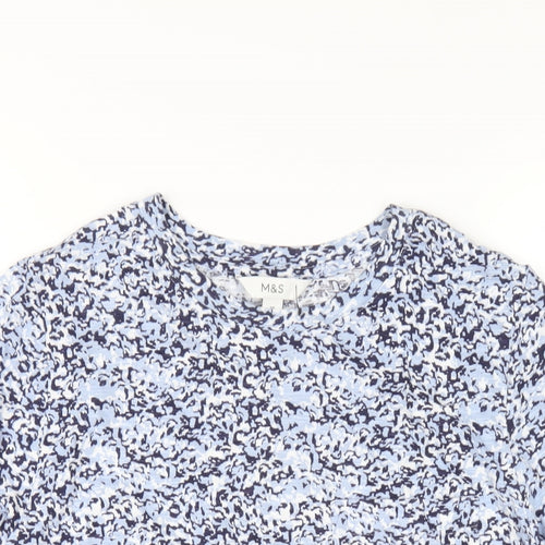 Marks and Spencer Womens Blue Geometric Cotton Basic T-Shirt Size 10 Round Neck