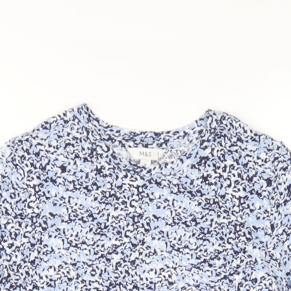 Marks and Spencer Womens Blue Geometric Cotton Basic T-Shirt Size 10 Round Neck