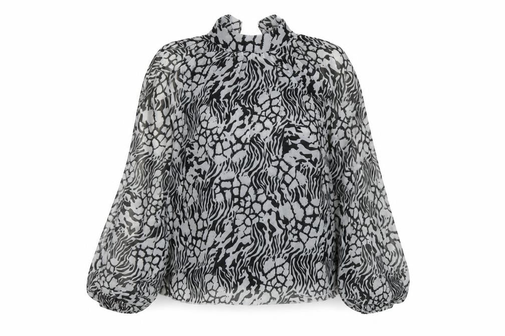 Front view of River Island women’s black animal print polyester basic blouse, size UK 8, mock neck