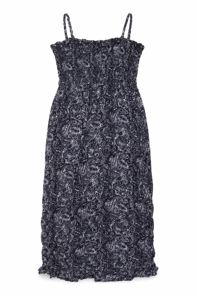 Front view of B.You women’s blue geometric viscose a-line, size UK 20, square neck pullover