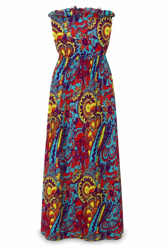 Front view of Next women’s multicoloured geometric viscose maxi, size UK 12, off the shoulder pullover