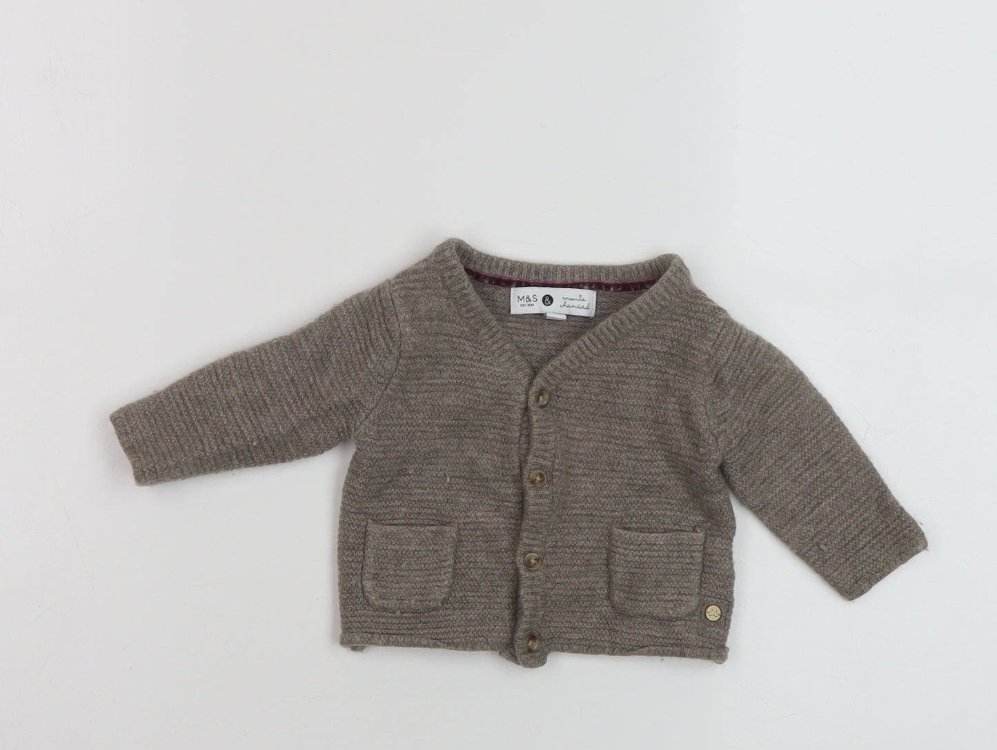 Marks and Spencer Baby Brown Wood Cardigan Jumper Size 3-6 Months Button