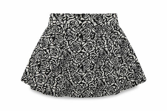 Front view of H&M women’s black geometric cotton skater skirt, size M, zip