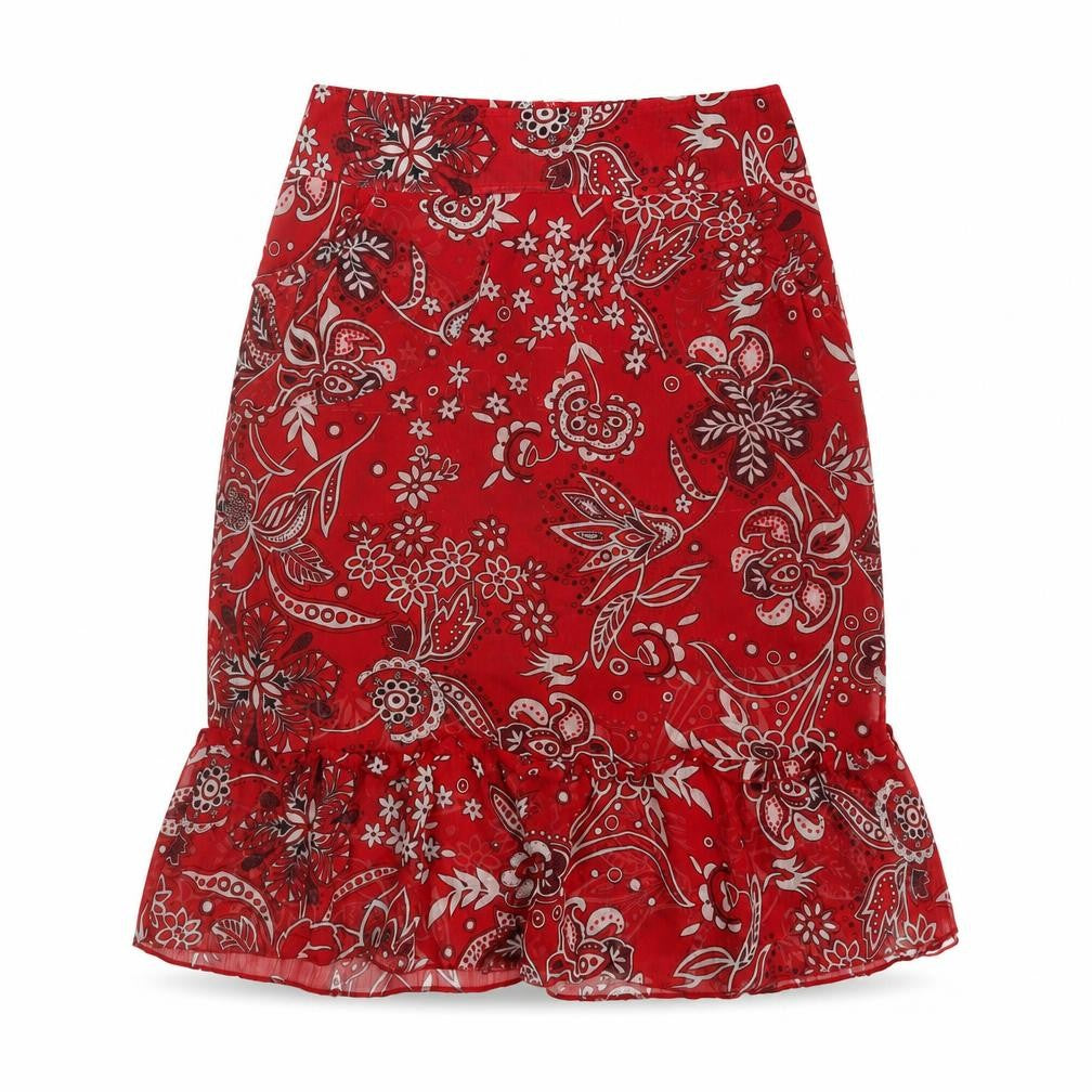 Front view of Equation women’s red geometric polyester a-line skirt, size UK 10, zip