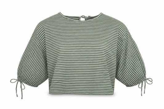 Front view of Next women’s green striped viscose basic blouse, size UK 8, round neck