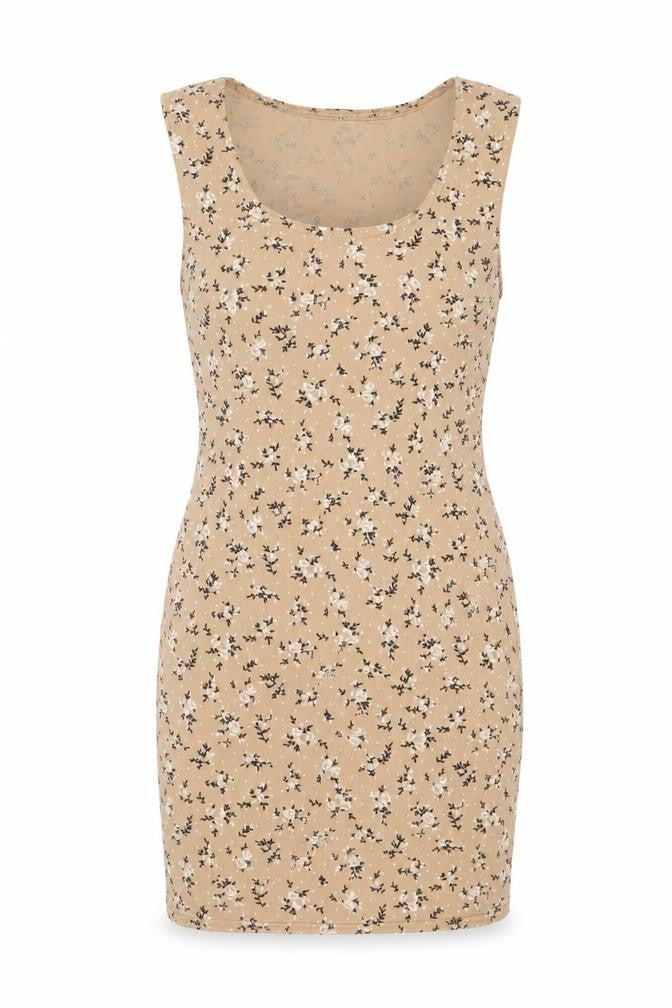 Front view of I SAW IT FIRST women’s beige geometric polyester mini, size UK 12, scoop neck pullover