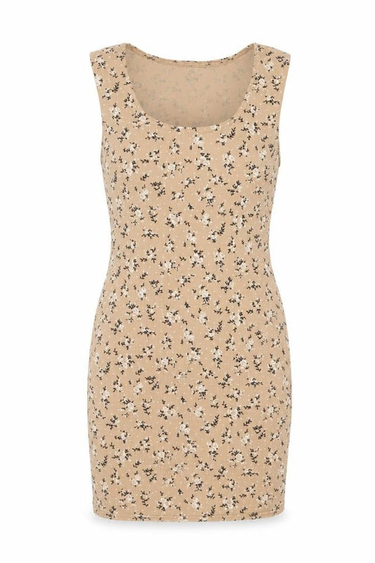 Front view of I SAW IT FIRST women’s beige geometric polyester mini, size UK 12, scoop neck pullover