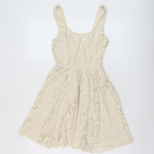 Zara Womens Beige Polyester Skater Dress Size S Round Neck Button