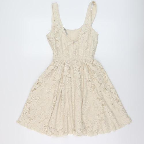 Zara Womens Beige Polyester Skater Dress Size S Round Neck Button