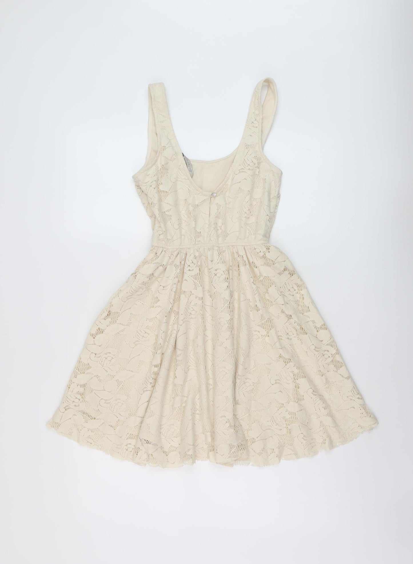 Zara Womens Beige Polyester Skater Dress Size S Round Neck Button