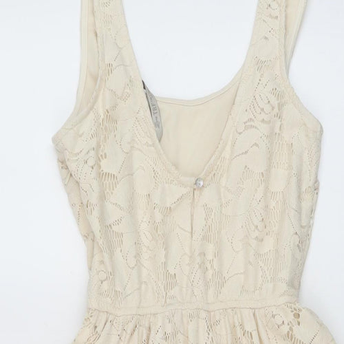 Zara Womens Beige Polyester Skater Dress Size S Round Neck Button
