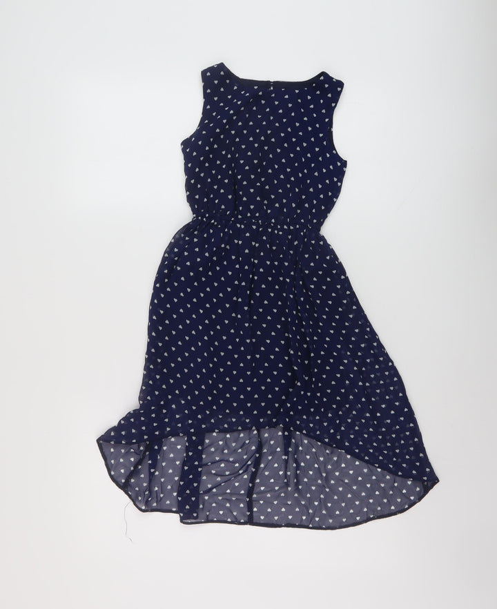 Blue Zoo Girls Blue Geometric Polyester Skater Dress Size 7 Years Round Neck Button
