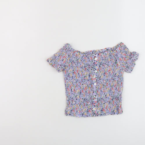 New Look Womens Purple Floral Viscose Cropped T-Shirt Size 6 Square Neck